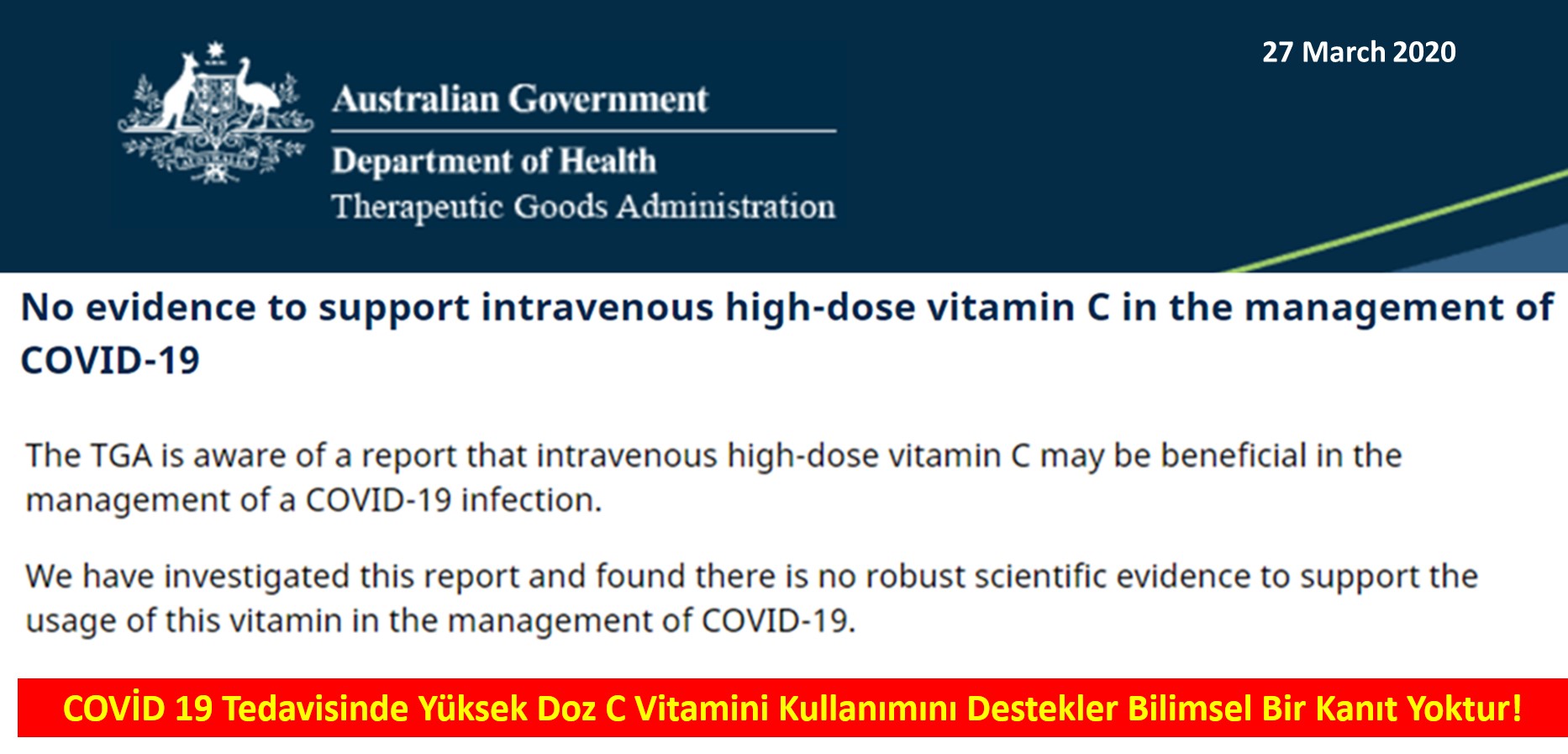 Australian Therapeutic Goods Administration view on high-dose vitamin C for covid 19