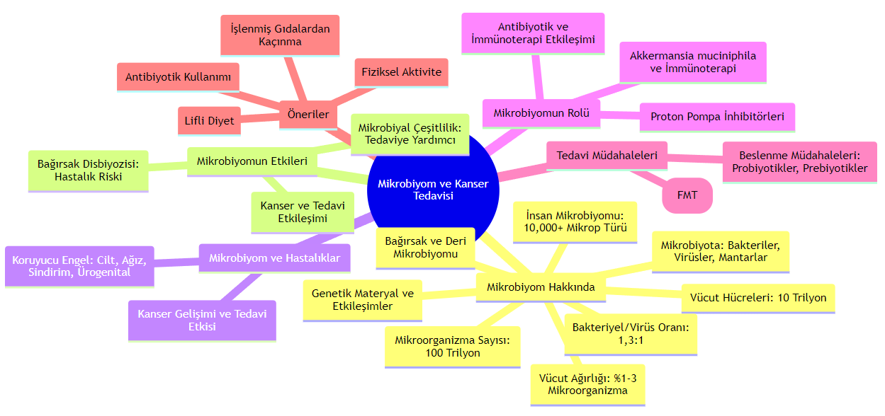 Mind-map infographic about the microbiome and cancer treatment
