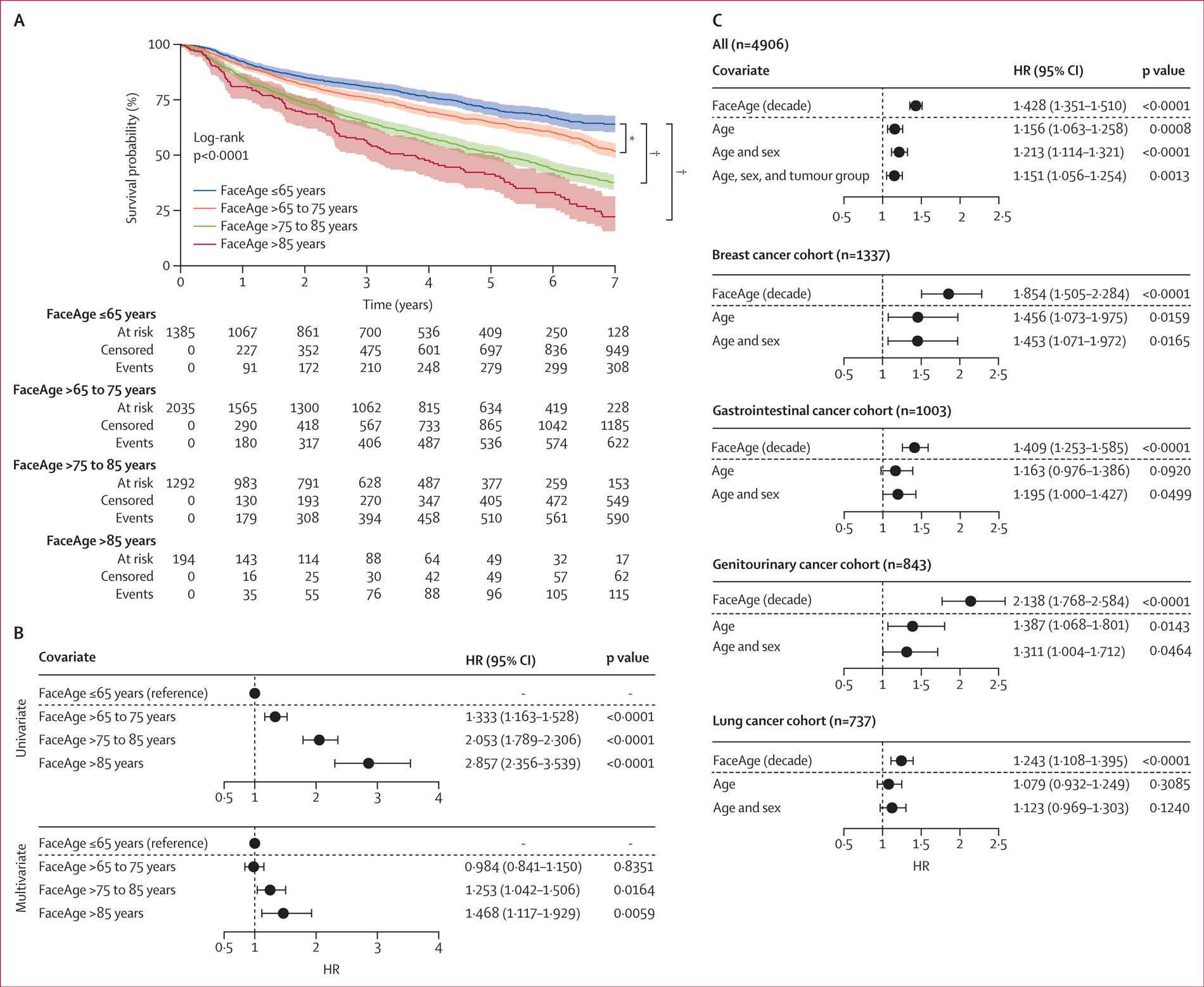 Prognostic performance of FaceAge in several cancer cohorts