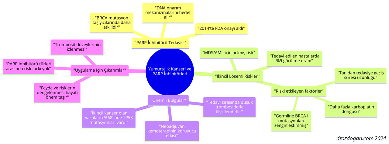 Mind map of ovarian cancer and PARP inhibitors