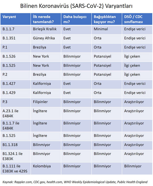 bilinen koronavirüs varyantları dsö ve cdc sınıflaması