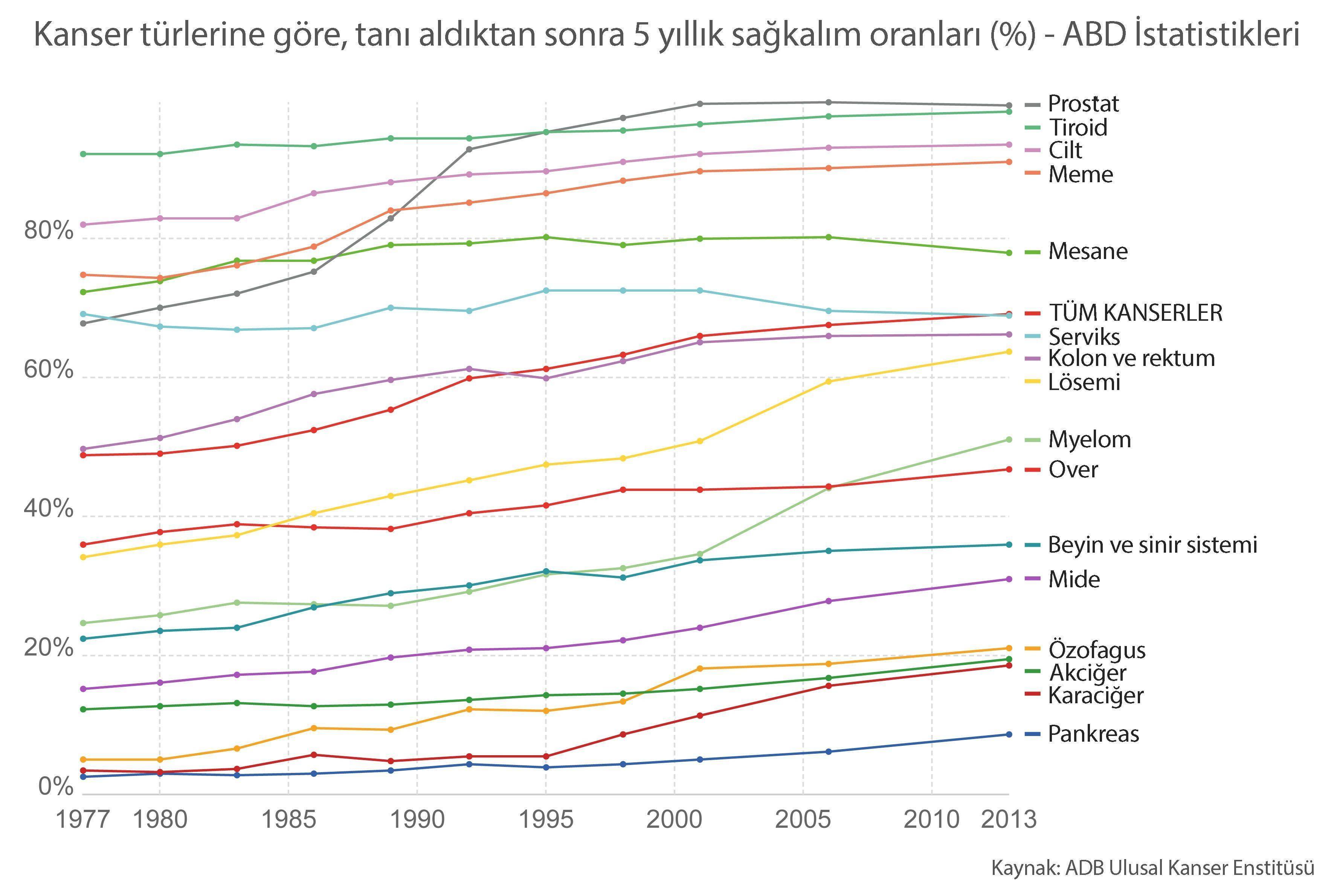 kanser türlerine göre sağkalım oranları istatistik yaşam süresi