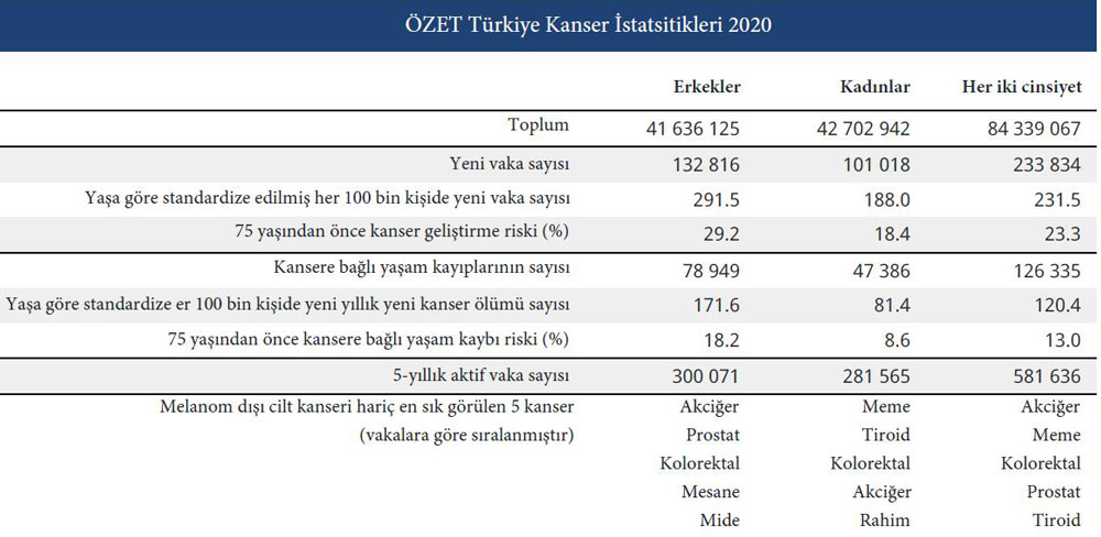 türkiye 2020 kanser istatistikleri özet