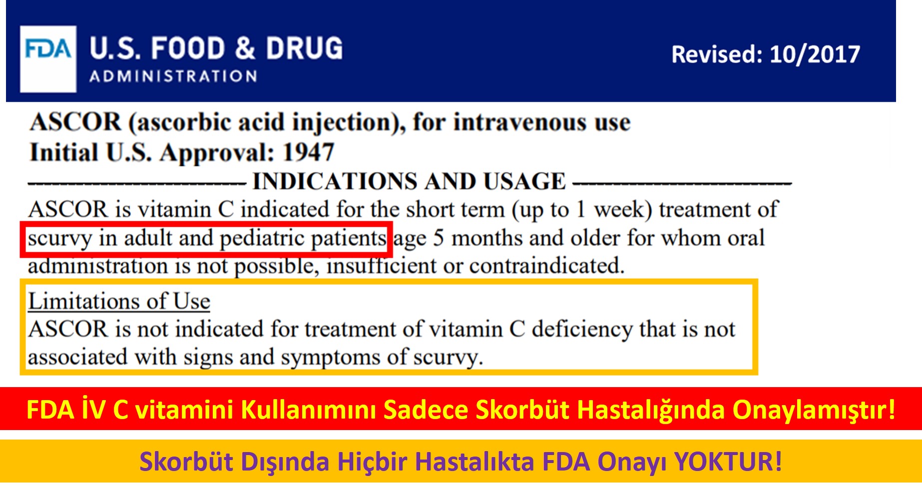 vitamin C skorbüt dışında covid 19 fda onayı yok